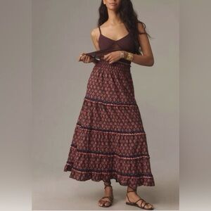 Anthropologie Red and Black Bohemian Floral Maxi Skirt
